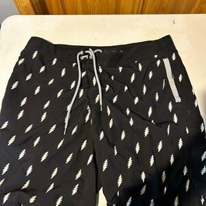 Men's Black Lightning Pattern Board Shorts. Swimsuit